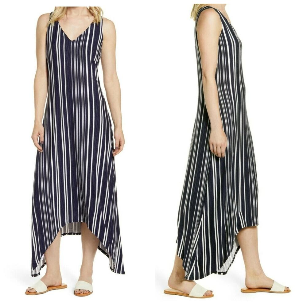 TOMMY BAHAMA ANOCHE Asymmetric Hem Stripe Jersey Knit Maxi Dress Stripe Medium